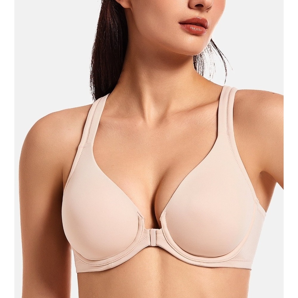 Meleneca NWT 34E/DD Front Closure‎ Racerback Bra Beige Unlined Underwire T-Back